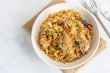 Chicken and Rice in a Bowl Top Down Indian Food Photography