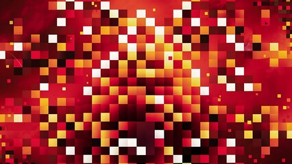 Abstract background of small squares or pixels of different sizes in red and orange colors.