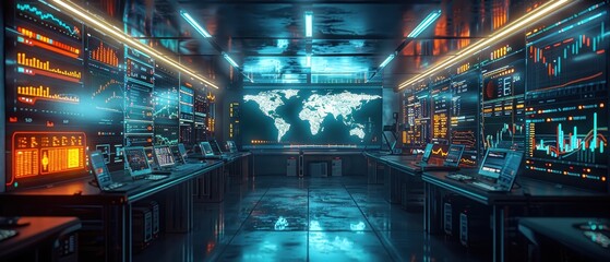 A high-tech control room with glowing screens displaying data and a world map, creating a futuristic and immersive atmosphere.