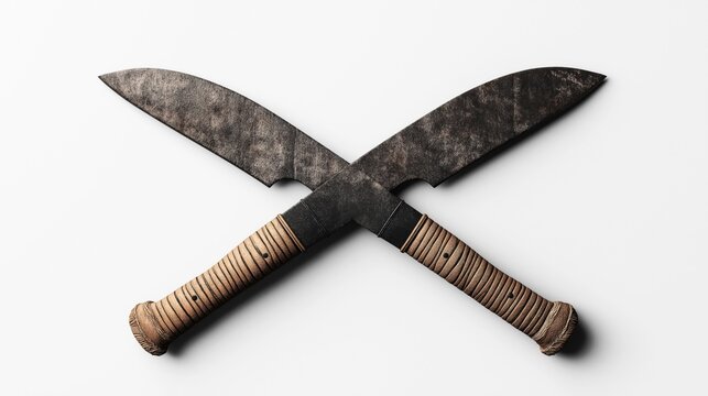 Two crossed machetes with textured blades and wrapped handles placed on a plain white background.