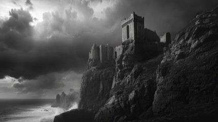 A black and white 4K image of an isolated castle perched on a rocky cliff, the stark contrast highlighting the rugged stone and stormy background