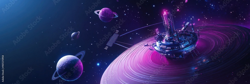 Canvas Prints a futuristic space station surrounded by planets and cosmic elements.