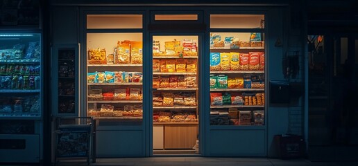 A well-lit storefront displaying various packaged snacks and goods.