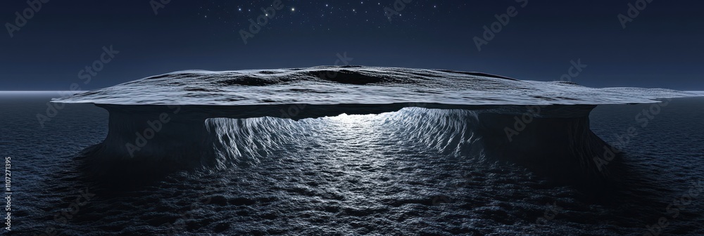 Canvas Prints a surreal depiction of a floating island above a shimmering ocean under a starry sky.