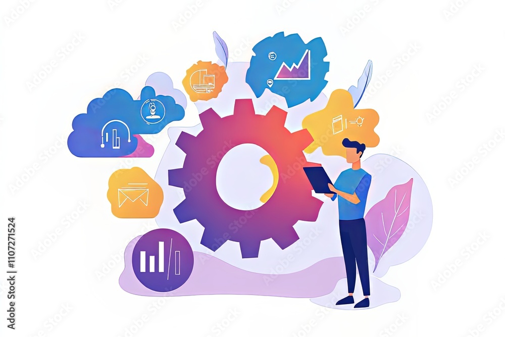 Poster creative illustration of a person using technology to analyze data in a cloud computing environment.