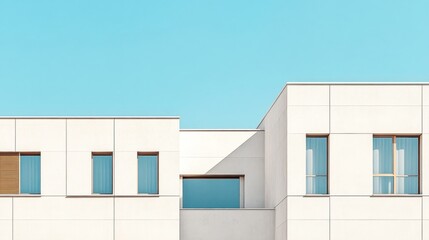 Minimalist Building with Clean Lines and White Concrete Against Clear Blue Sky
