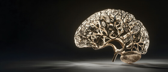 Glowing Golden Brain Sculpture, Abstract Art, Neurological Concept