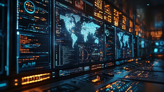 Hacking scene with multiple screens showing cryptic data and breaches