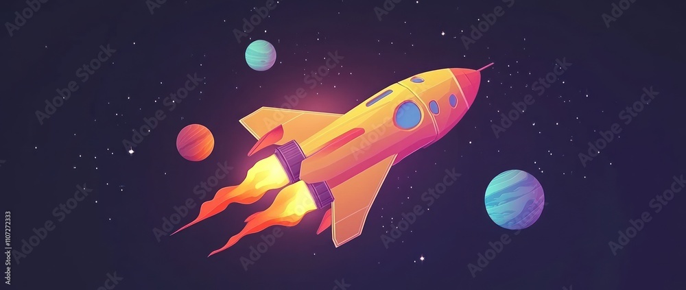 Wall mural a colorful rocket soaring through space with planets in the background.