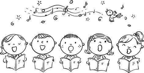 Cartoon young singers. Kids group performance. Set of isolated characters. Vocalists sing song. Choristers concert. Children choir singing. Black and white vector illustration
