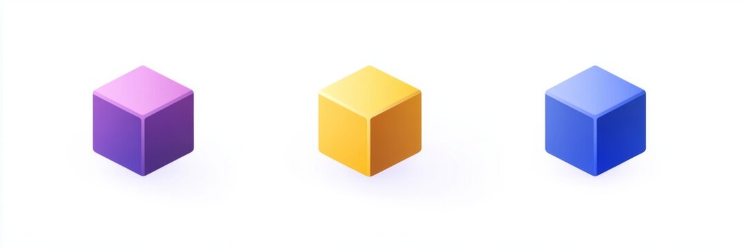 Isometric Cube Elements in Blue, Purple, and Yellow on White Background, Minimalist 3D Rendering with Bright Colors