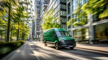 Urban Delivery: A Green Van Speeds Through the City.Sustainability, environmental protection, green logistics, electric vehicles, low-carbon transportation, urban greening, eco-friendly