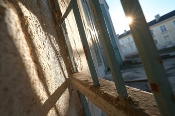 Fototapeta premium Sun shining through prison window casting shadows on old stone wall