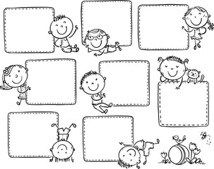 Outline doodle kids holding blank template banners for diary, memo, planner, to do listbook, notebook, paper cards, notes, stickers, labels. Cartoon children clipart set. Black and white illustration