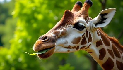 Obraz premium Close up of a giraffe eating leaves, highlighting its unique spots and texture