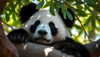 Fototapeta premium A giant panda resting on a tree branch, showcasing its fluffy black eyes and ears