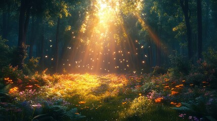 Fototapeta premium Magical sunlit forest glade with wildflowers and fireflies.