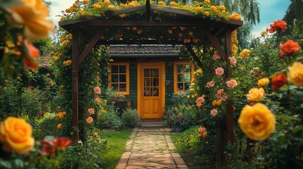 showcasing a country house with a rustic wooden arbor in front of the door, beautifully framed by colorful climbing roses