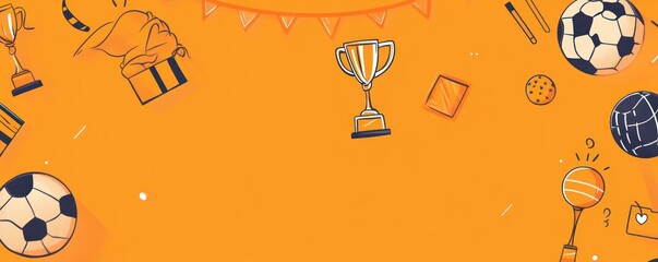 Colorful sports-themed illustration with trophies, balls, and playful elements on an orange background.