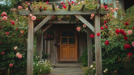 showcasing a country house with a rustic wooden arbor in front of the door, beautifully framed by colorful climbing roses