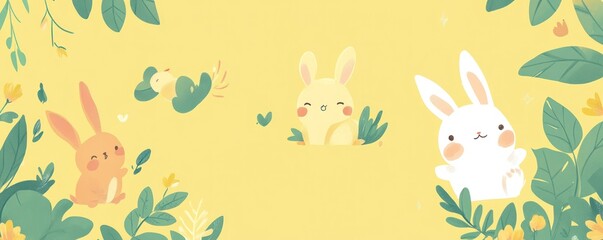 Obraz premium Cute cartoon bunnies surrounded by foliage on a soft yellow background.