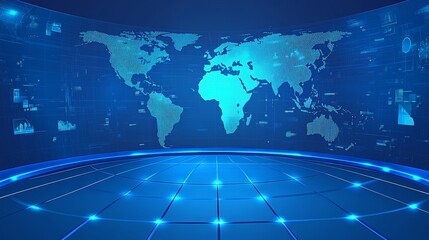 Obraz premium Global Perspective:Dynamic World Map Virtual Studio.Concept of Global news,international business,virtual reality,future of media,Television broadcasting,news media,online streaming,virtual production
