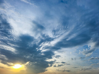 Obraz premium Summer evening or winter evening blue sky cloud gradient light white background. Gloomy vivid cyan. Morning sky looked like a bright golden sky. Sunrise is decorated with clouds in various shapes.