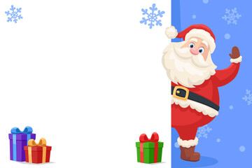 Santa Claus peeks out from behind a white sheet. Space for text. Merry Christmas