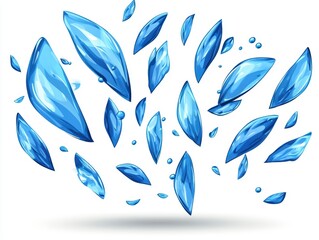 Fototapeta premium Abstract design of scattered, blue, water, crystal, fragments, splash, dynamic, motion, effect, isolated on white background.