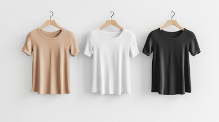 A minimalist display showcases basic t-shirts as stylish fashion essentials. Casual t-shirts hang effortlessly, emphasizing their versatility and simplicity