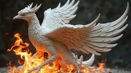 Intricate Marble Phoenix Rising from Flames