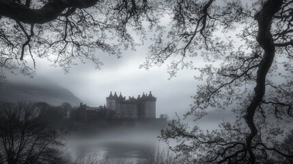 A distant castle framed by overhanging tree branches, the grayscale tones evoking a sense of mystery and timelessness