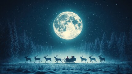Fototapeta premium Santa Claus flying through a snowy forest at night with reindeer, illuminated by a full moon.