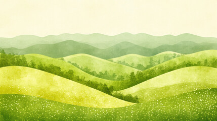 Vibrant watercolor landscape with rolling green hills and trees