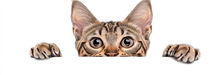 Fototapeta premium A curious cat peeks over a surface with wide eyes and paws visible.