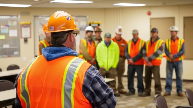 Workers gathered in a safety meeting discussing best practices and reviewing emergency procedures to keep each other safe on the job.