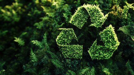 green recycling symbol on blurred forest background, sunlight