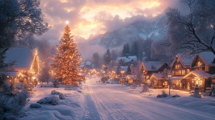 Magical snowy Christmas village at sunset with illuminated Christmas tree and houses.