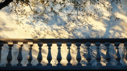 shadow of a tree on the wall of a building, the balcony railing perfectly framing the scene, as the light dances across the tree