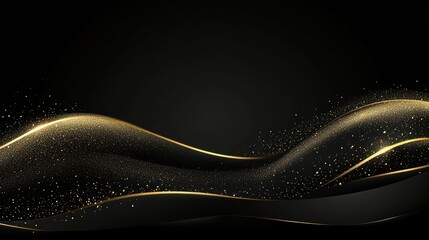 Abstract gold wave design on a dark background with subtle glitter.