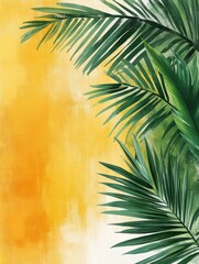 Obraz premium Tropical foliage art background vector.Digital print design with palm, floral and leaves with watercolor brush texture. Canvas art for wallpaper, wall arts, prints, fabric, pattern and packaging.