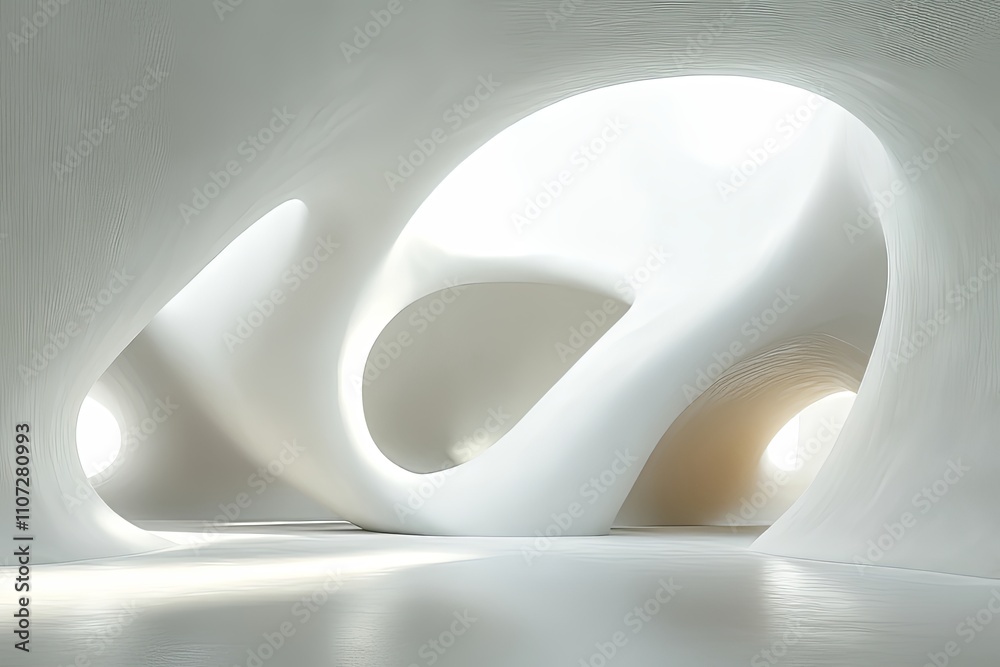 Poster modern architectural space with flowing curves and soft lighting in a minimalist design environment.