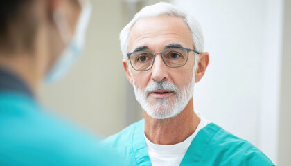 Surgery eyelid rejuvenation concept. A senior healthcare professional converses with a colleague, both wearing scrubs and masks, emphasizing a clinical environment.