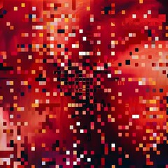 Abstract background of small squares or pixels of different sizes in red and orange colors.
