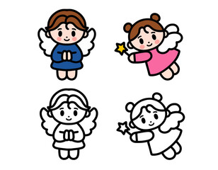 Christmas baby angel. Simple and uncomplicated icons, characters, clipart with bold  black lines. Vector.
