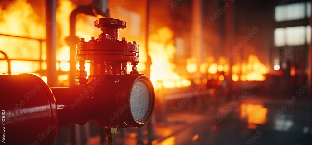 Poster industrial scene with a valve in front of flames, indicating a hazardous situation.