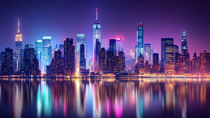 Obraz premium Neon lights and sleek skyscrapers illuminate a futuristic cityscape. Generative AI.