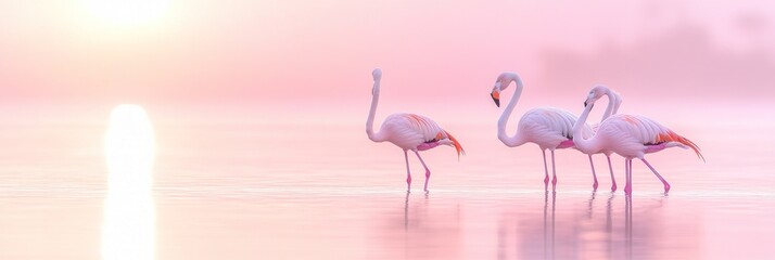 Naklejka premium Three flamingos wade through tranquil waters at sunrise, creating a serene atmosphere.