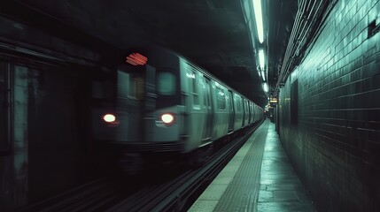 Fototapeta premium subway train moving underground, its blurred form blending with the dimly lit tunnel walls