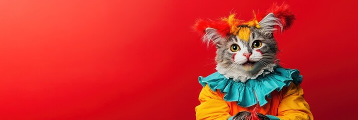 A cat dressed as a clown against a vibrant red background, blending humor and whimsy.